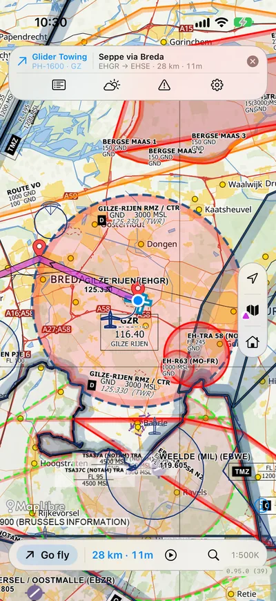 AeroVue's moving map on an iPhone